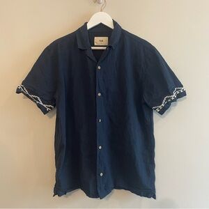FOLK Linen Short Sleeve Button Down with Embroidery - Navy Blue Medium